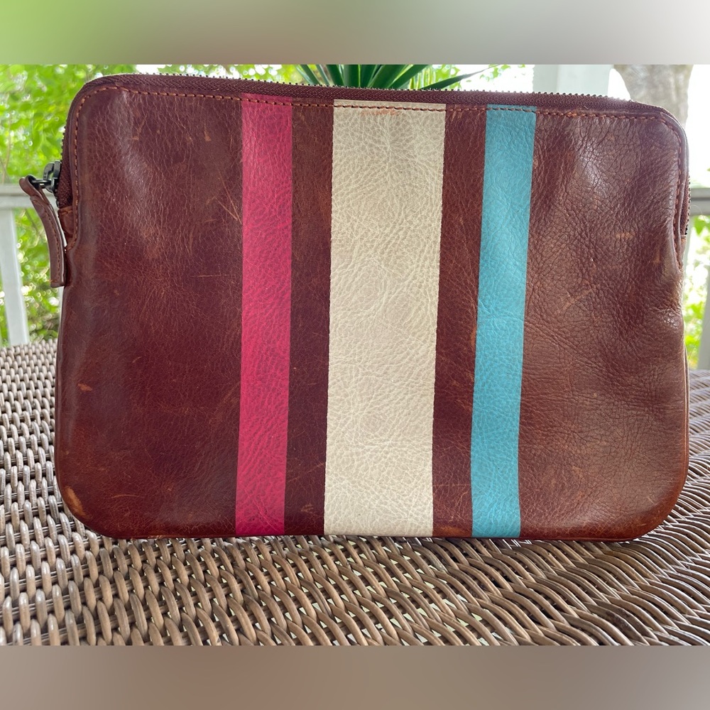 Stylish Brown Leather Men's Bag with Multicolor Stripes
